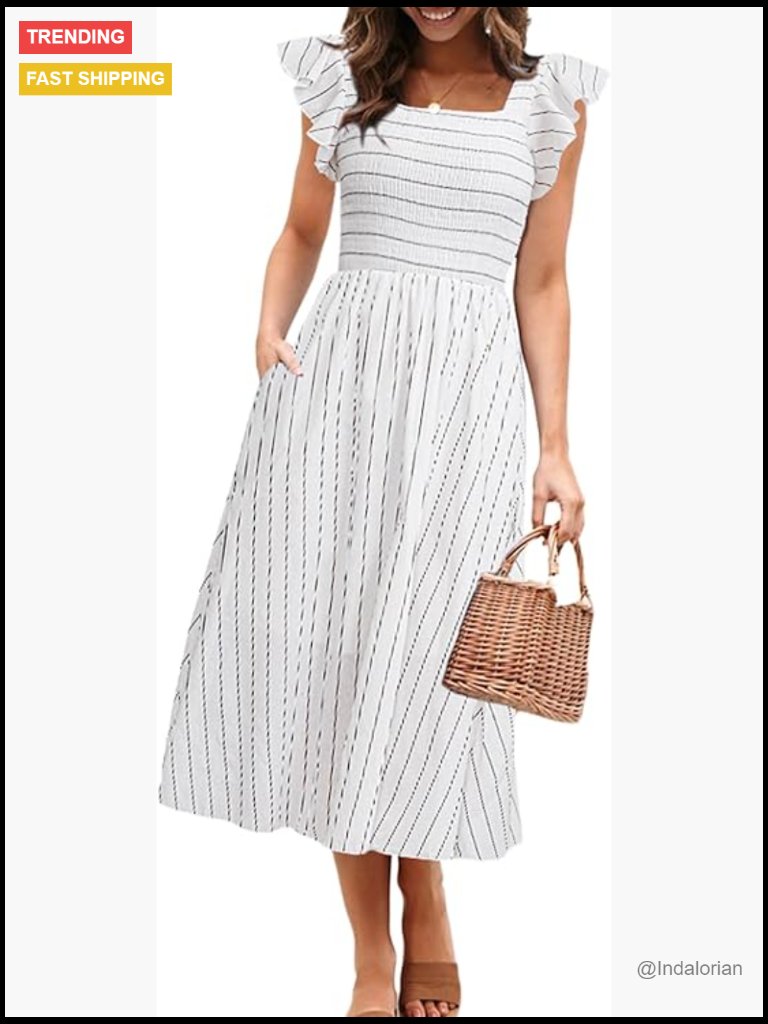 Womens Flutter Sleeve Smocked Midi Dress With Pockets Cotton Linen A Line